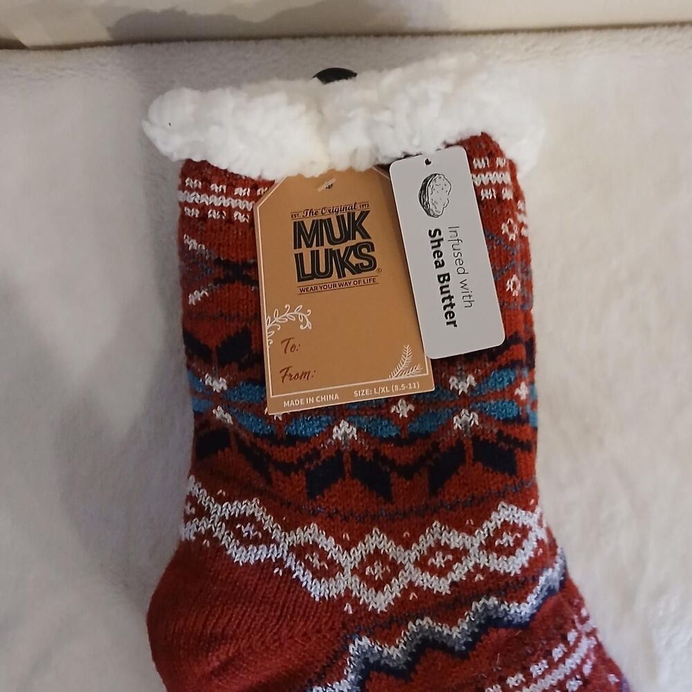Muk Luks Fair Isle Pattern shea butter infused sherpa lined cabin slipper socks - Picture 2 of 3